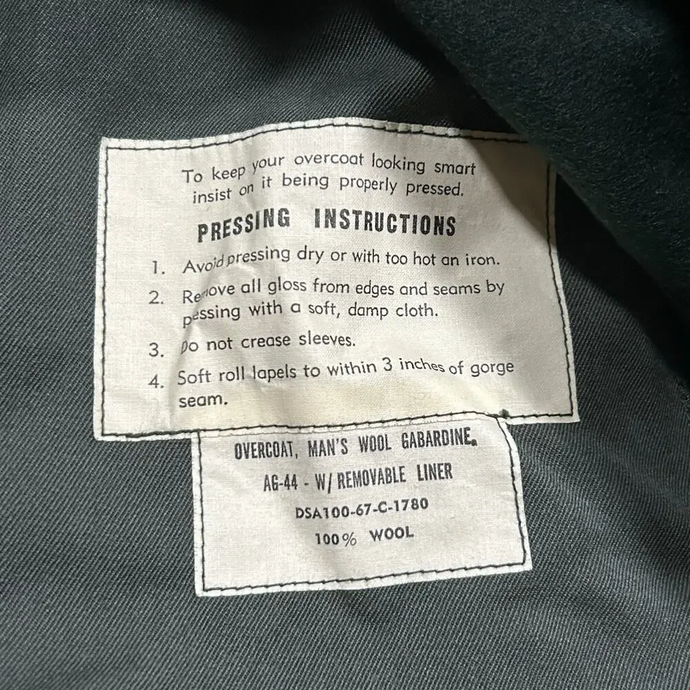 Vintage 1967 US Army AG-44 Wool Gabardine Trench Overcoat w/Liner 38R Green